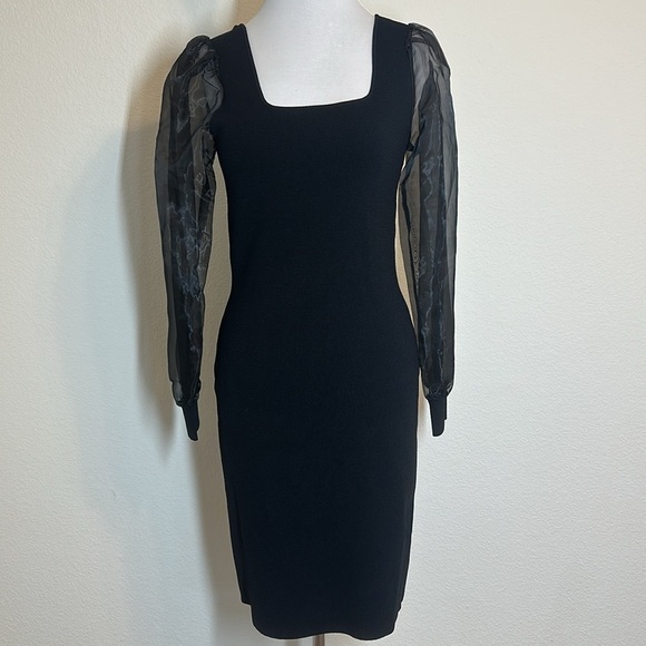 House of Harlow 1960 Bodycon Scoop Neck Knit Chiffon Sleeve Black Cocktail Dress - Picture 5 of 15